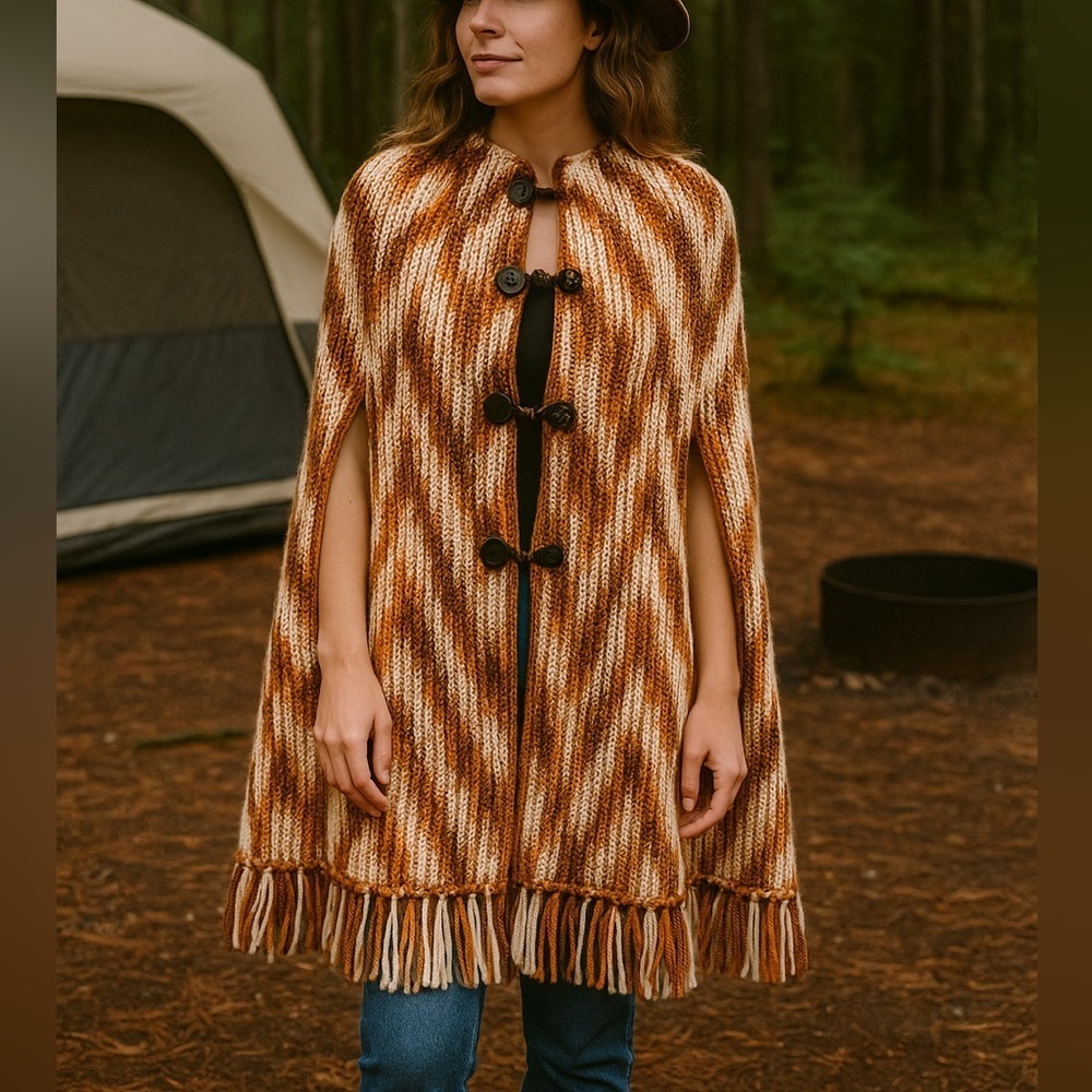 114. Hand Knit Western Tassel Cape Poncho